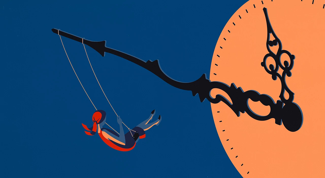 illustration of woman swinging on clock hand