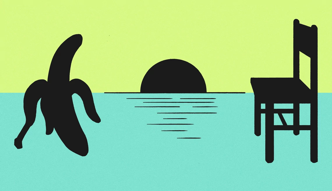 An illustration of a banana, sunrise and chair