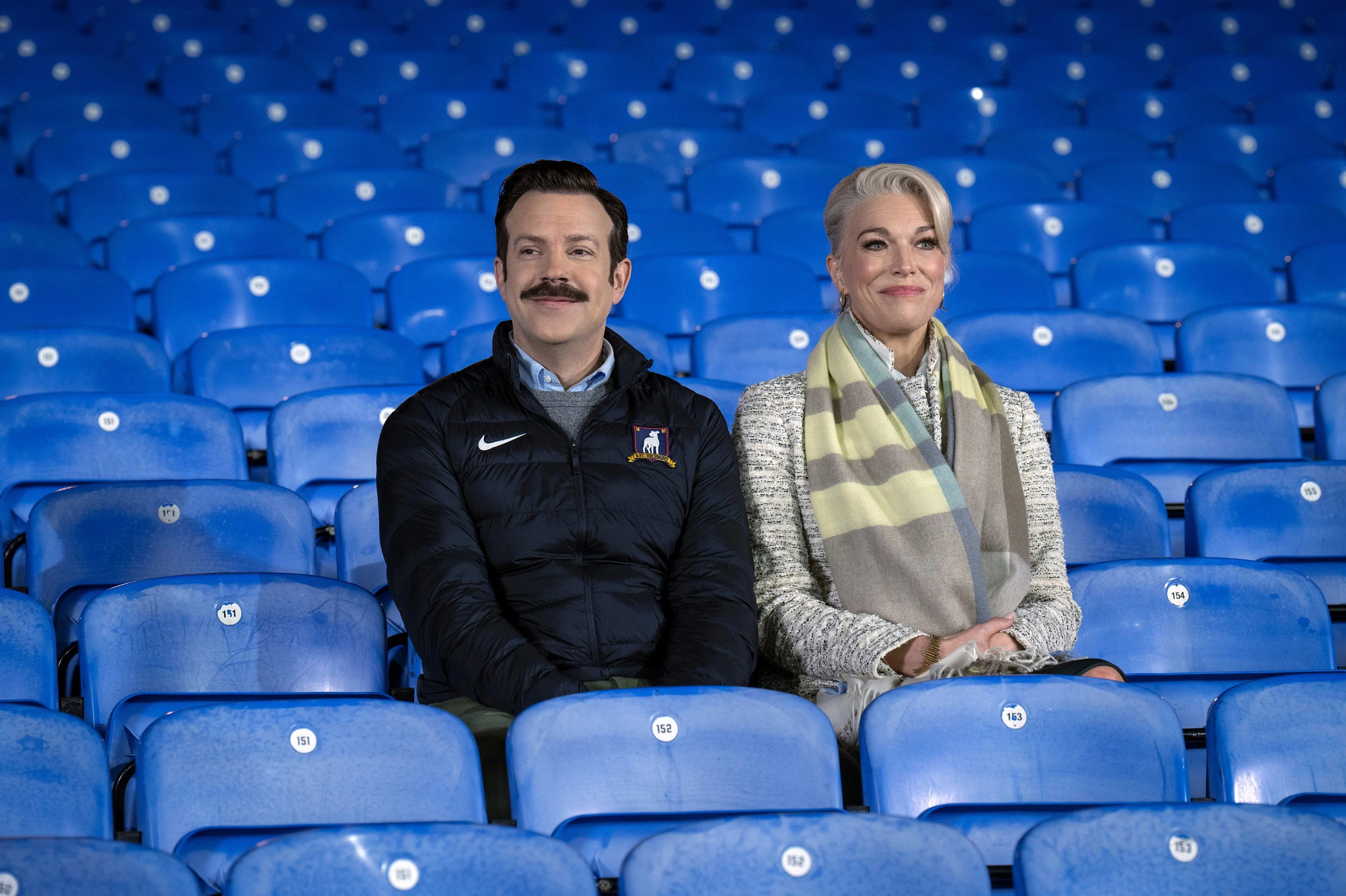 jason sudeikis and hannah waddingham in a scene from an episode of ted lasso