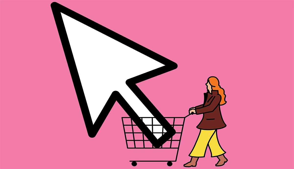 illustration of an older adult woman with long hair pushing a shopping cart toward a giant white computer cursor against a bright pink background, representing online grocery shopping