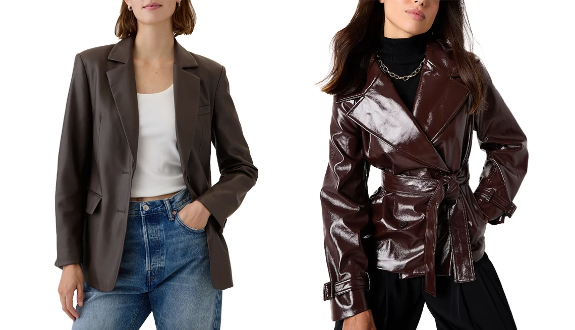 Gap Women Vegan Leather Blazer in Terra Brown; Worthington Women’s Midweight Faux Leather Belted Trench Coat in Chocolate Plum