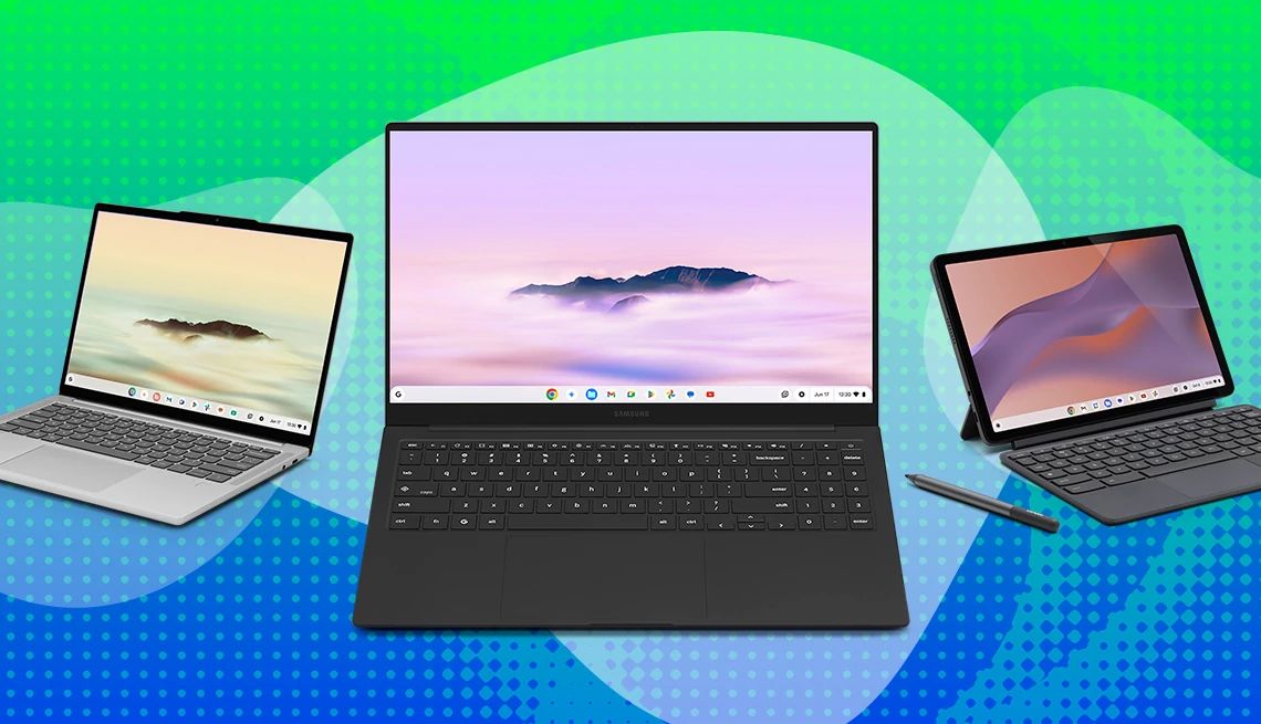 Tech Guru Chromebooks three different laptops with a green and blue background
