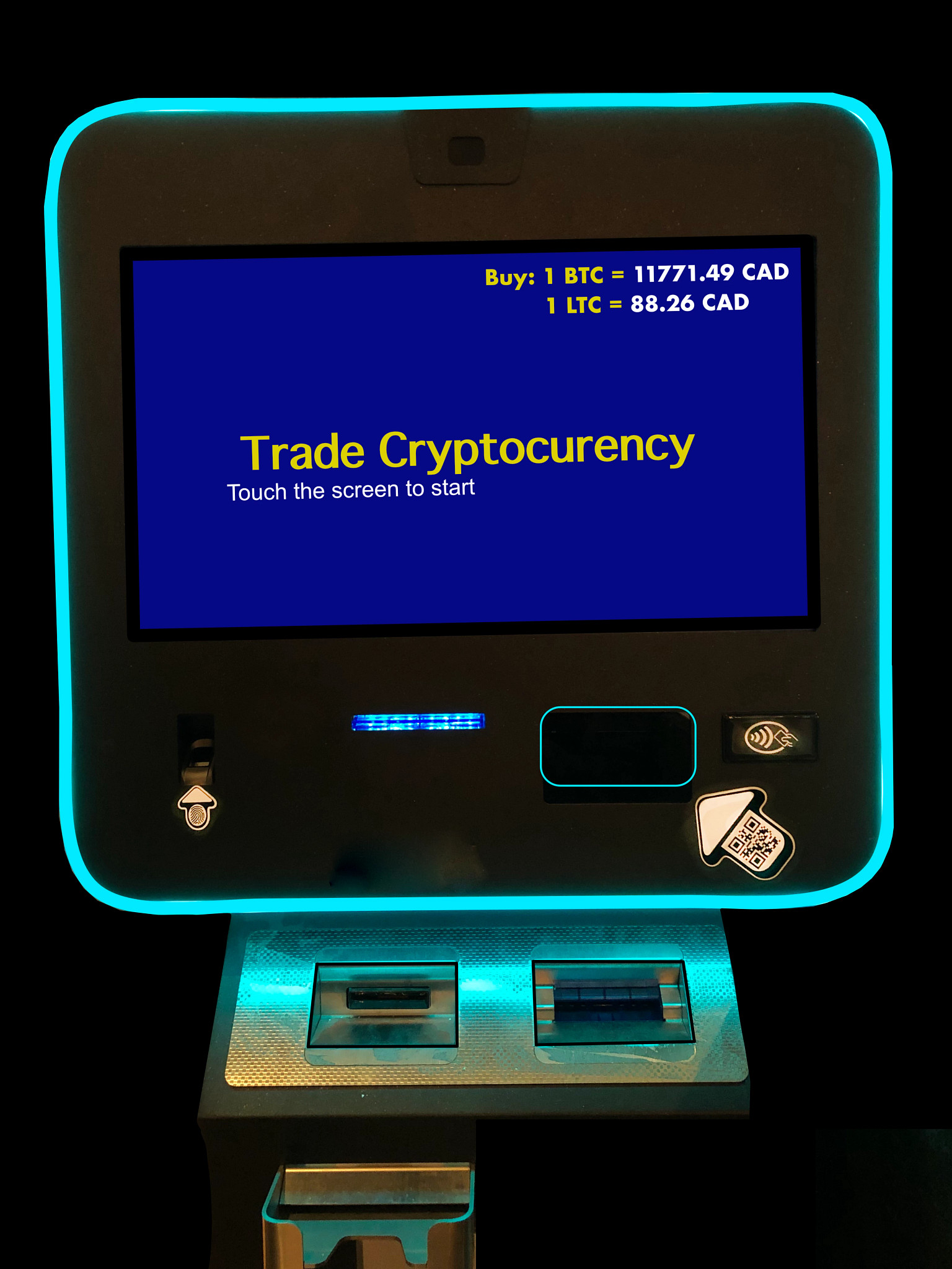 Crypto ATM terminal displaying cryptocurrency options