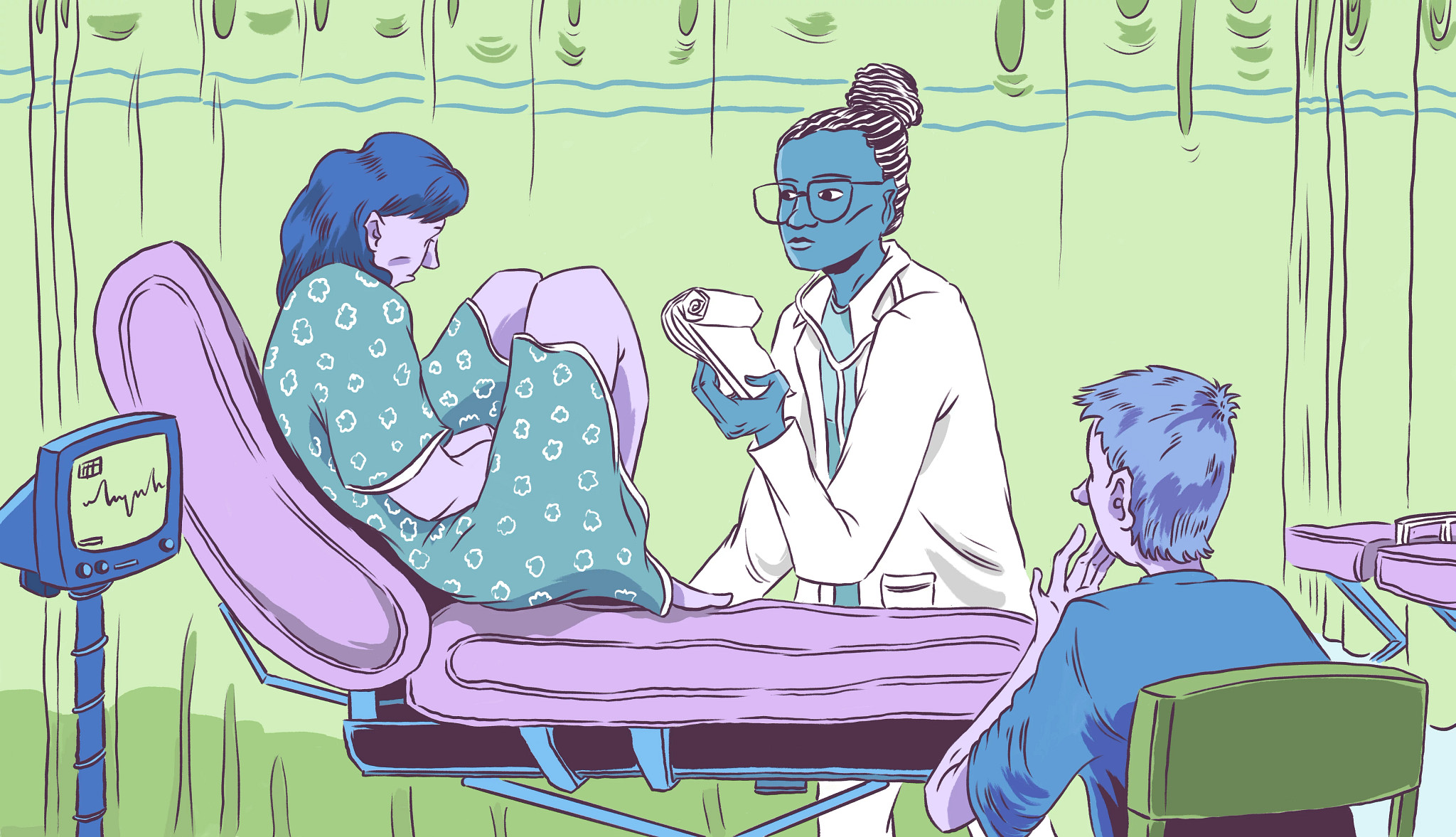 A female patient on an exam table speaking with a healthcare provider while another person sits nearby.