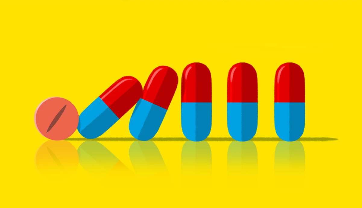 conceptual illustration on a bright yellow background showing a row of five red and blue capsules and one round pink pill