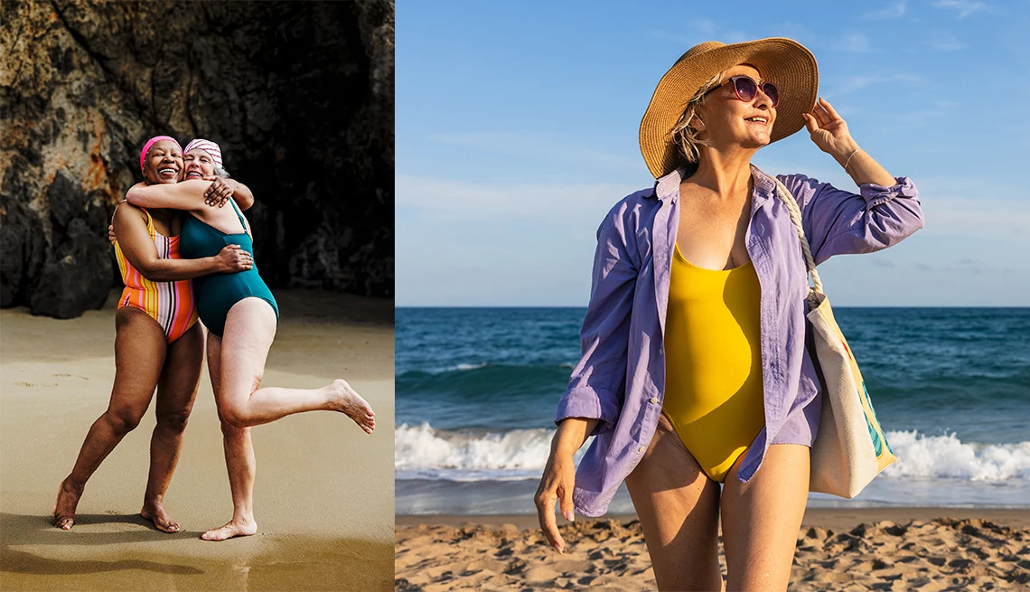 older friends smiling while sharing a playful hug on the beach and an older person posing for a nicely-lit beach photo in a sun hat and bathing suit