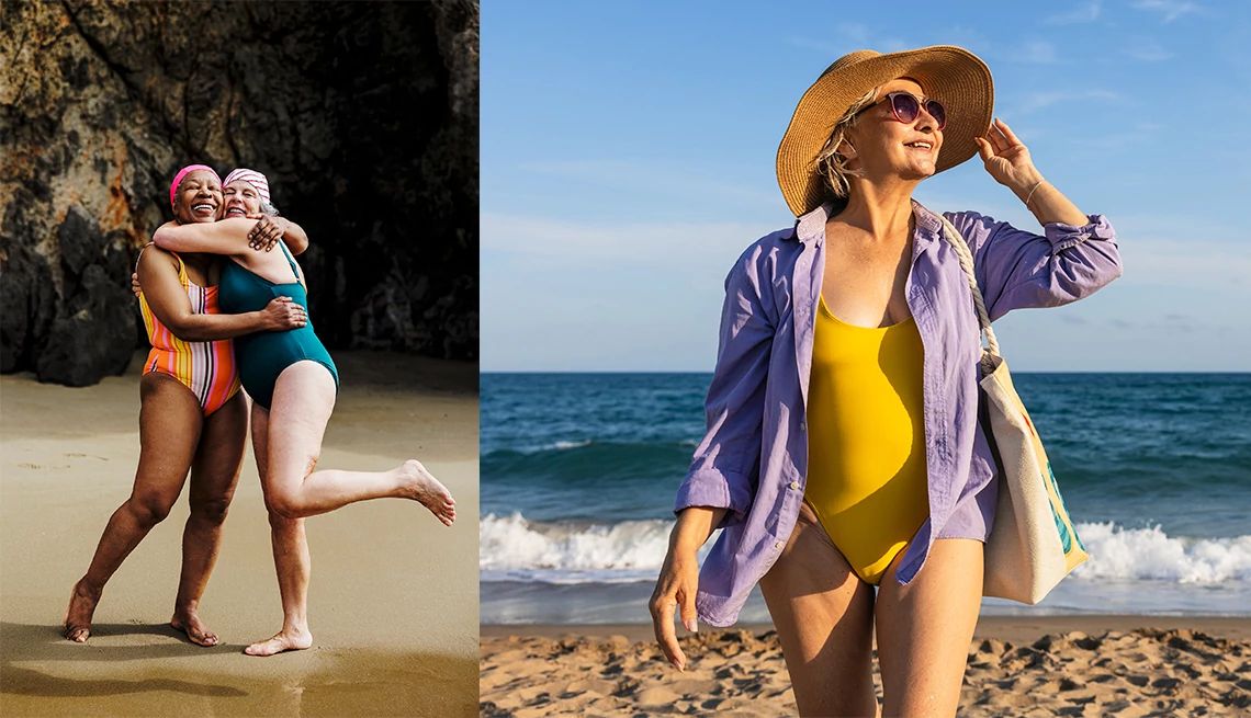 The Worst Beach Day Mistakes for Women Over 50 older friends smiling while sharing a playful hug on the beach and an older person posing for a nicely-lit beach photo in a sun hat and bathing suit