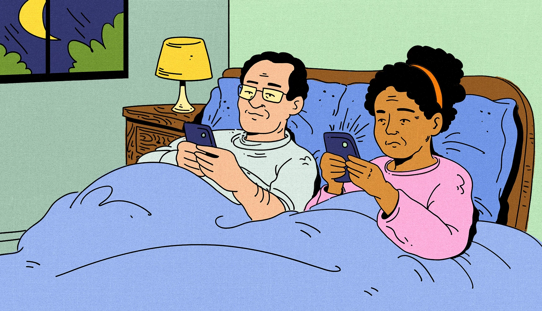 An illustration of a man and a woman sitting in bed at night, both looking at their glowing smartphones. Outside the window, a yellow crescent moon is visible in the dark sky.