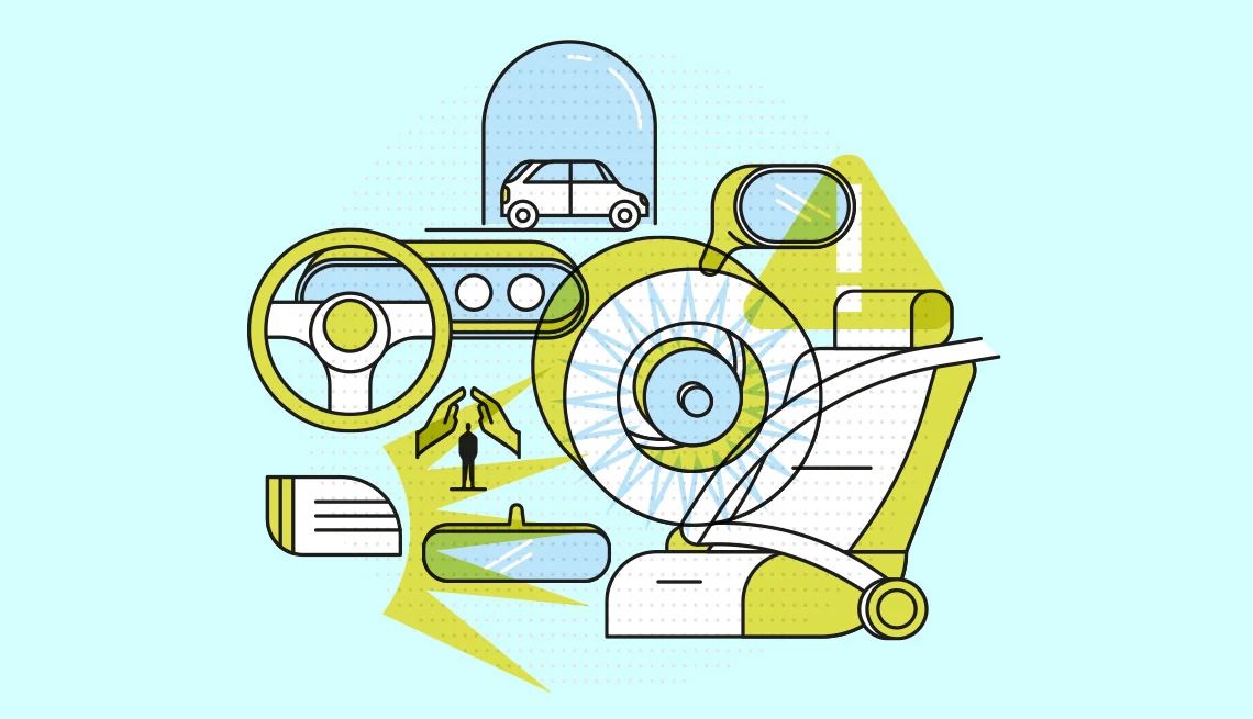 Safety features in vehicles Illustration of steering wheel, vehicle, rearview mirror, side-view mirror, and seat with seatbelt buckled over it