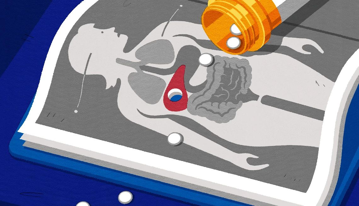 Medications that Can Harm the Liver illustration of pills pouring out on an anatomical drawing