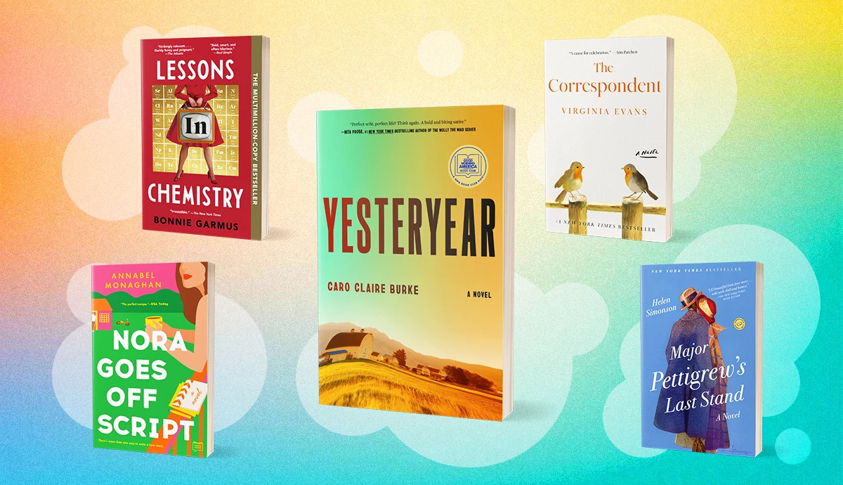 Five contemporary novel book covers including Lessons in Chemistry, Yesteryear, The Correspondent, Nora Goes Off Script, and Major Pettigrew’s Last Stand, arranged on a soft gradient background