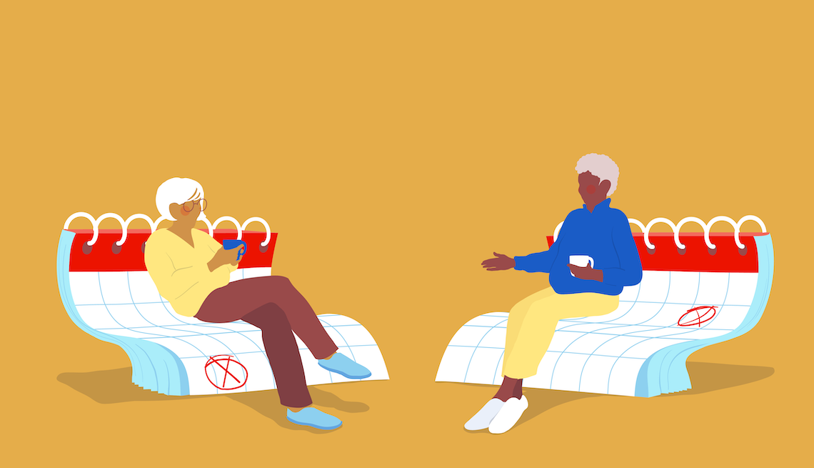 When to apply for Social Security two older adults sipping coffee, sitting on chairs made of calendars