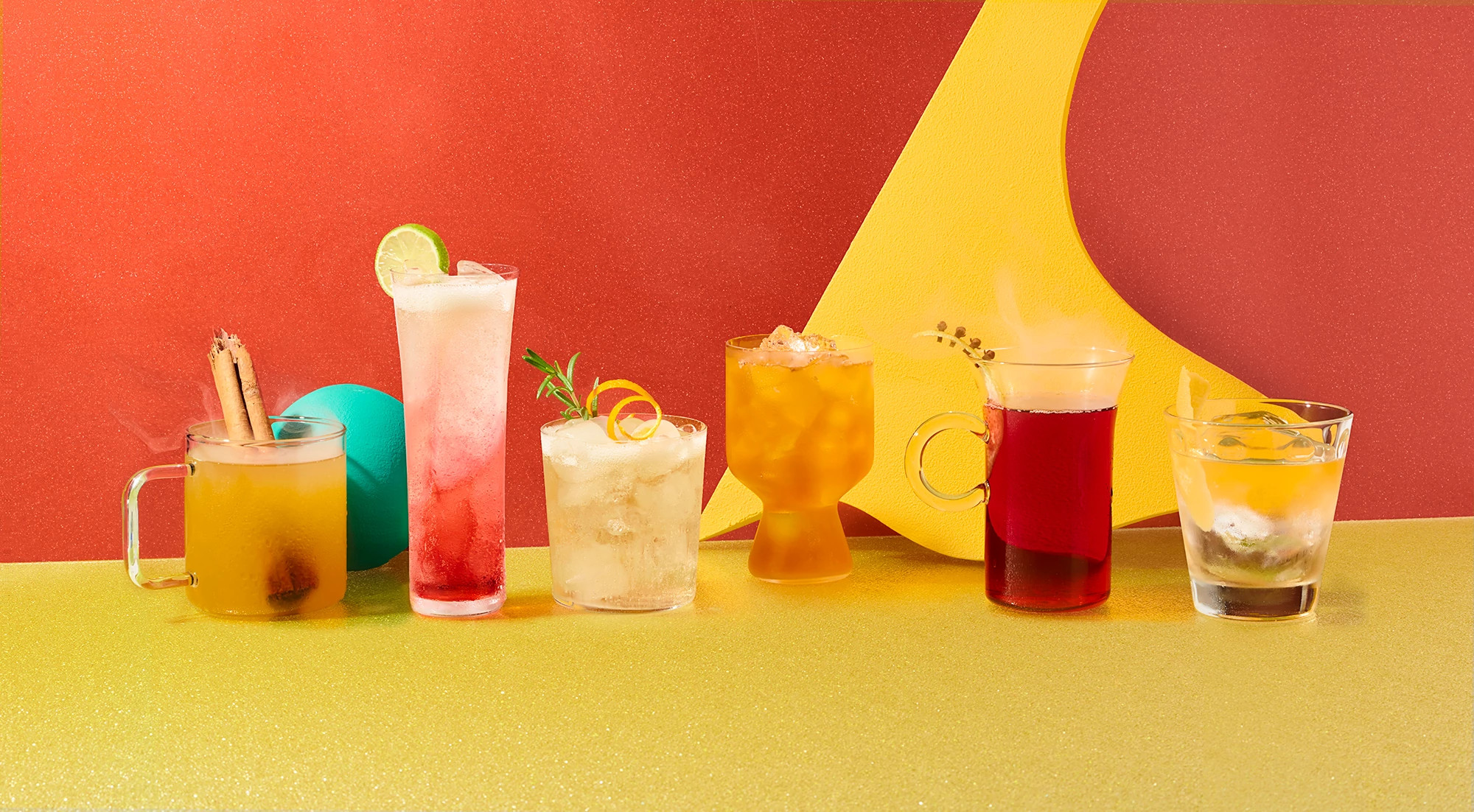 6 cocktails for fall on a yellow, light green and burgundy background. 