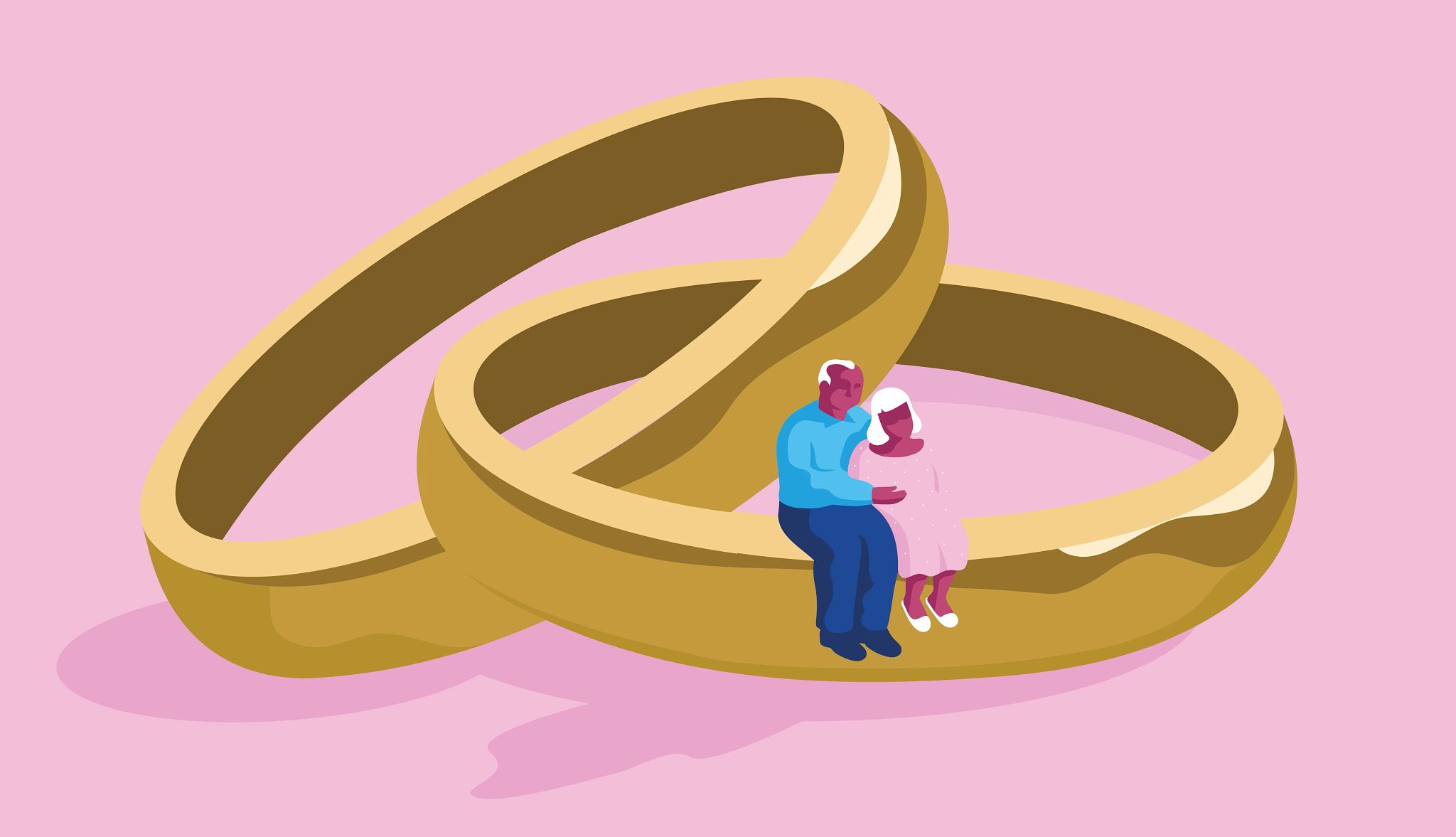 Ilustración de una pareja mayor sentada sobre dos grandes anillos de oro contra un fondo rosado.
