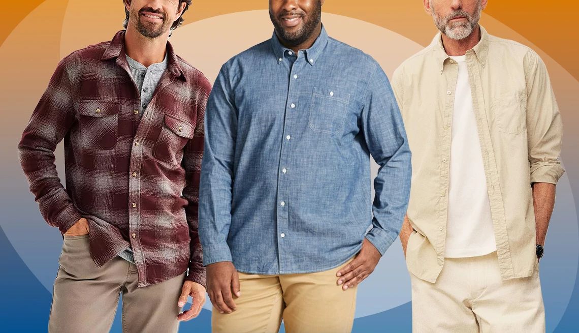 Best shirts for men over 50 three men in long sleeve shirts, in front of an orange and blue background