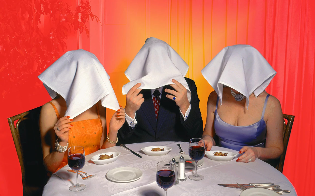 three people, napkins over heads, photo illustration
