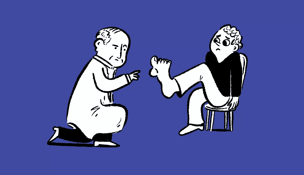 An illustration on a blue background shows an older man sitting in a chair with his foot raised, looking concerned as a doctor kneels before him and points toward his swollen big toe.