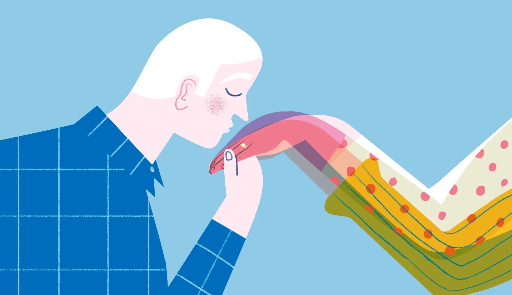 Accepting husband's new love in memory care unit a man kisses three hands superimposed together