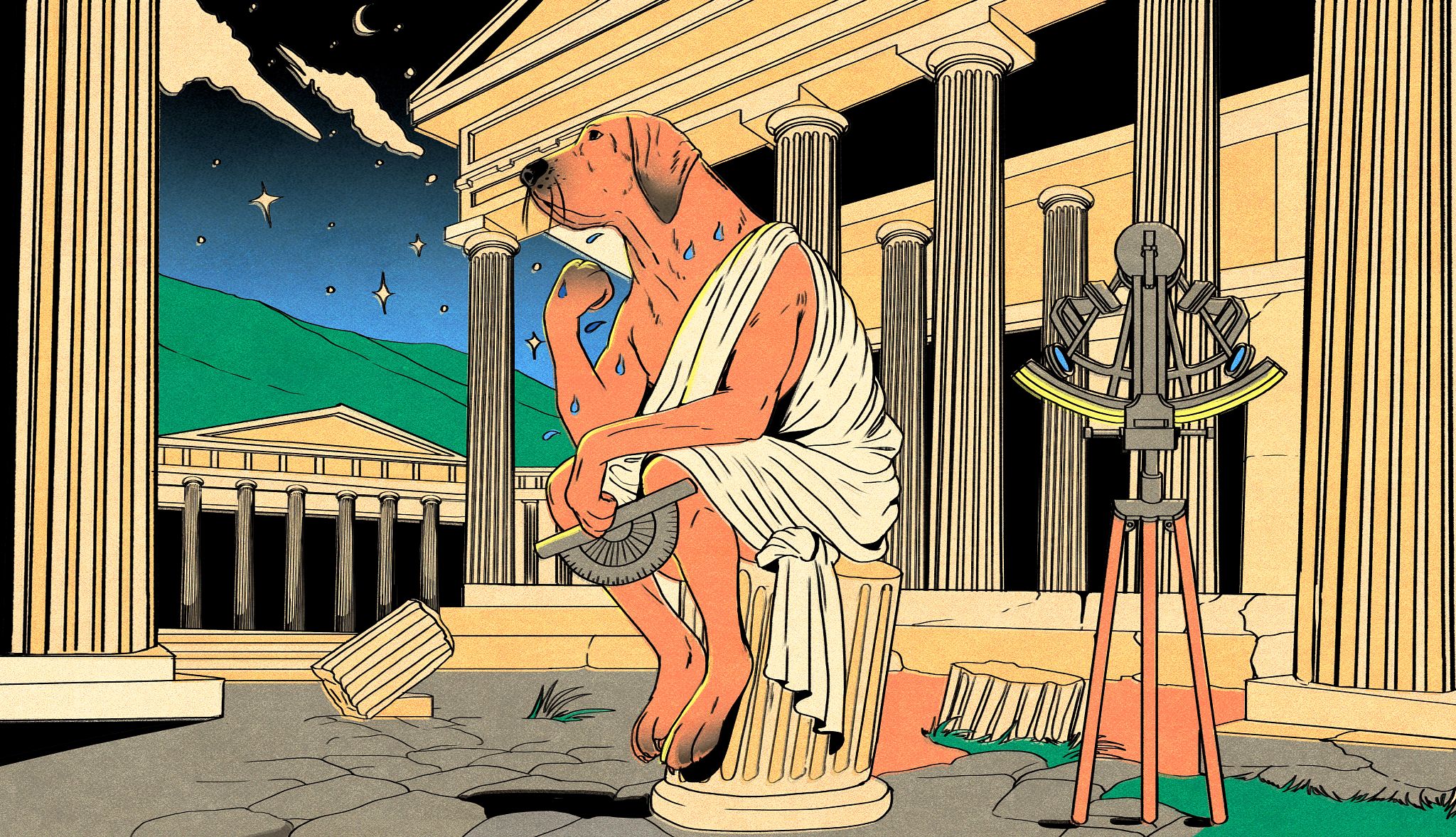 sayings about animals a sweating dog sitting on a pedestal among columns