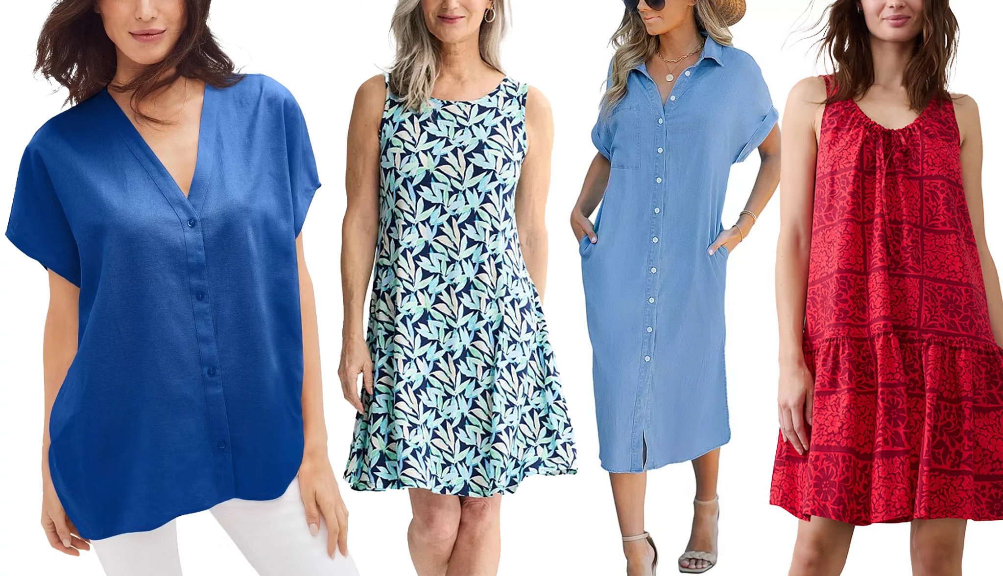 a model wearing a loose fitting blue blouse and three models wearing loose fitting summer dresses
