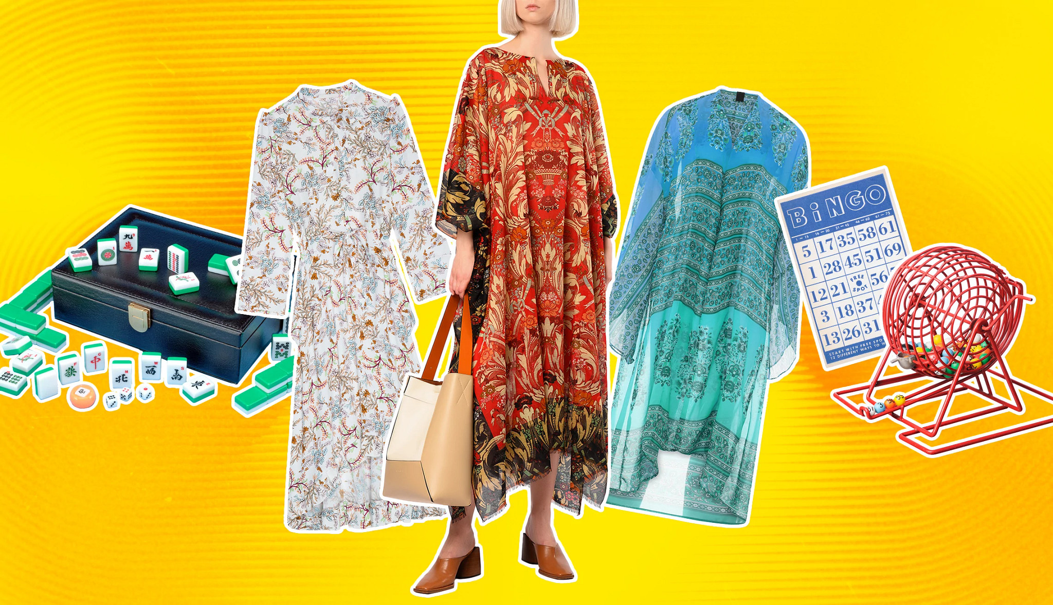 photo collage of Mahjong set, caftan dresses, and bingo items