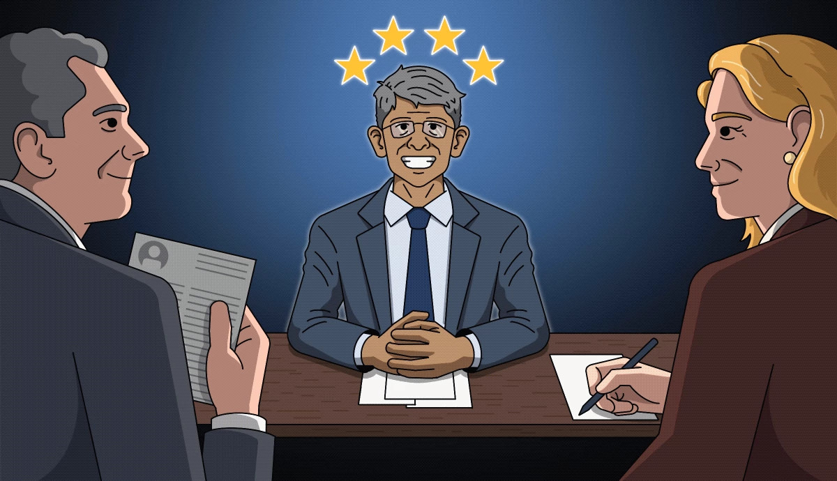 stars above a person's head during a job interview