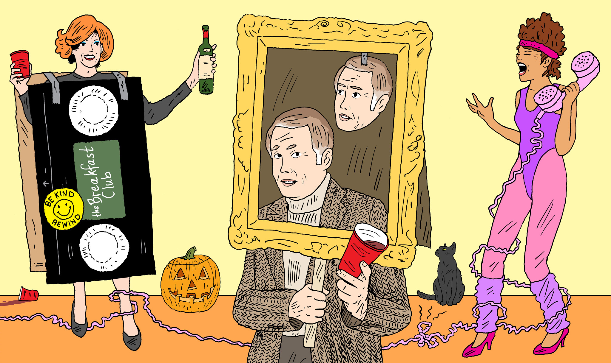 A man in an Olan Mills portrait costume. Also, a woman as a VHS late fee and an 80s mom with a long phone cord