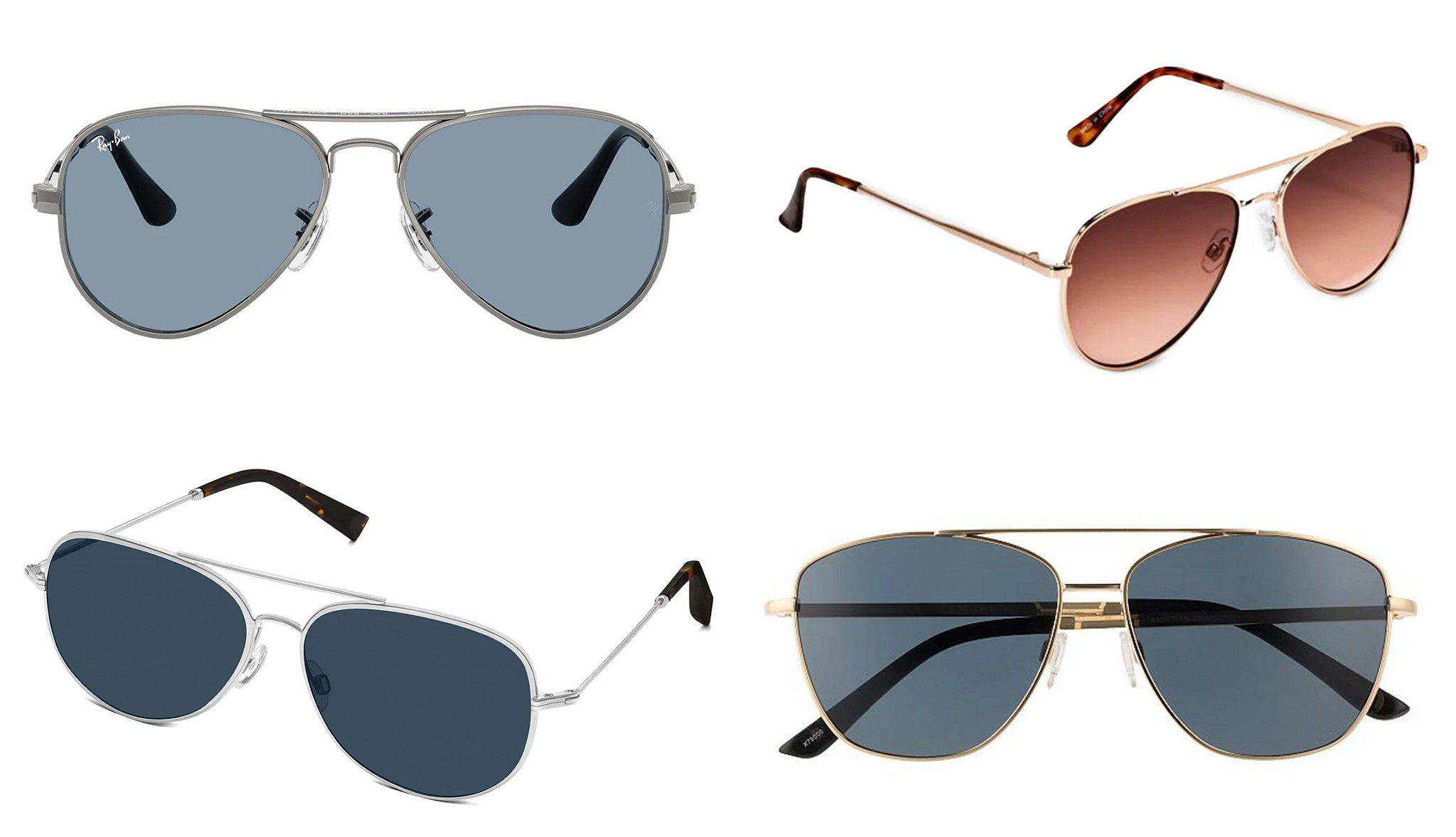 four different styles of aviator sunglasses
