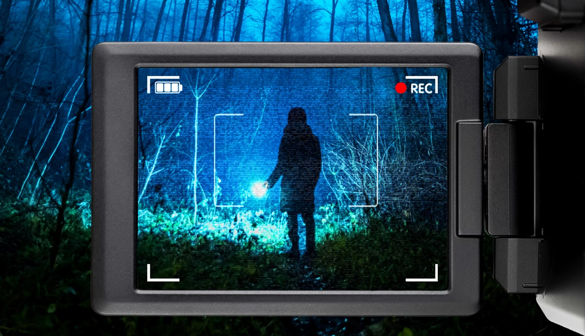 A person standing in a dark forest at night, illuminated by a bright light and viewed through a video camera recording screen.