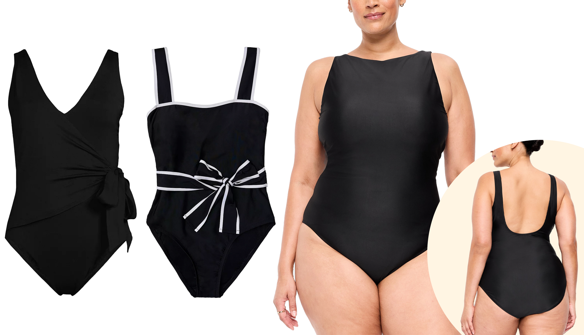 a model wearing a black one piece bathing suit alongside two other styles of black bathing suits