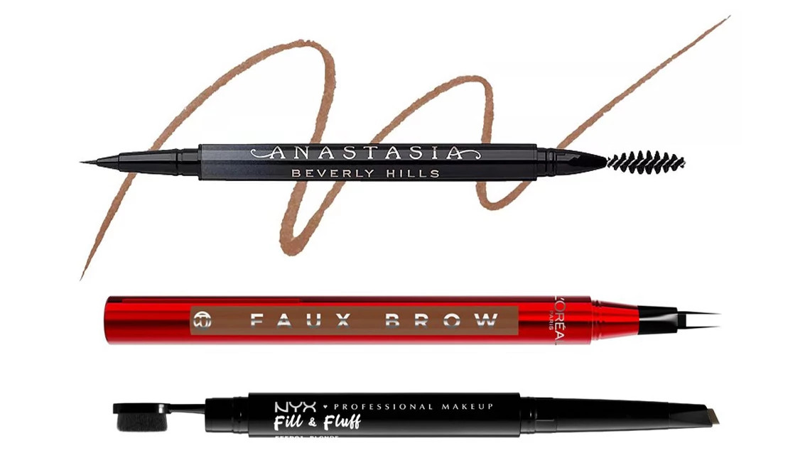 a collage with eyebrow styling products