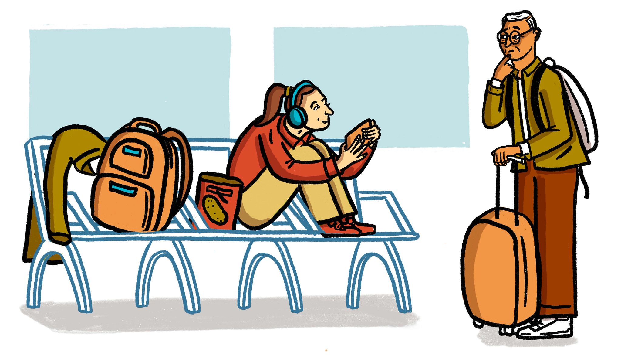 Crowding the Gate a person with a backpack and bag of chips on a bench at an airport next to a person with a suitcase