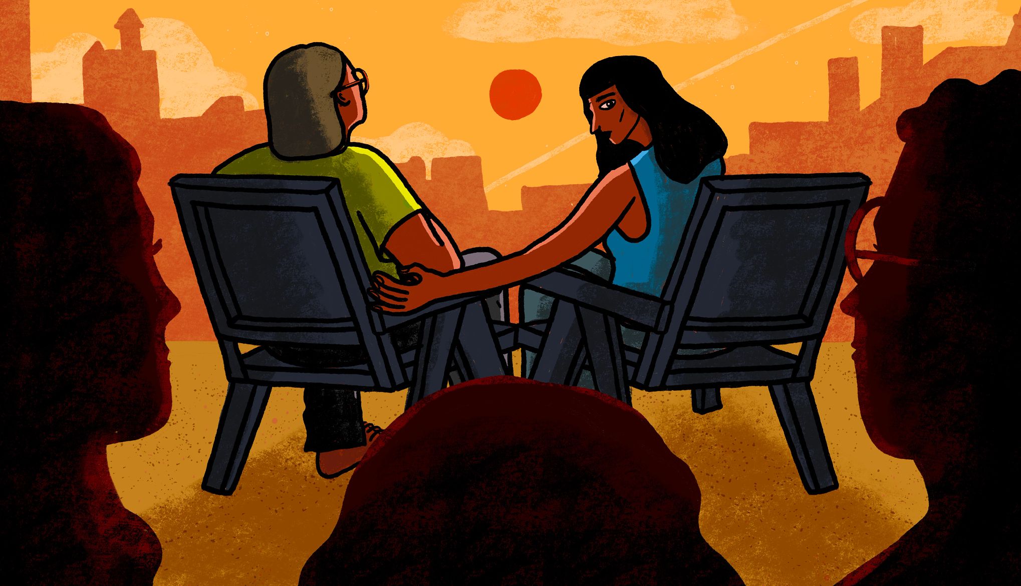 Stepsiblings Angry About Inheritance a woman and her mother sit in chairs while three figures lurk in the background