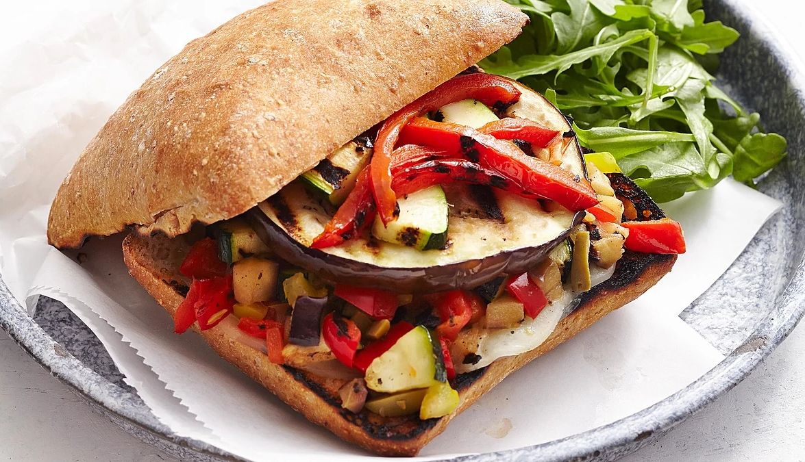 Vegetarian muffaletta A close-up view of a vegetarian muffaletta on a plate