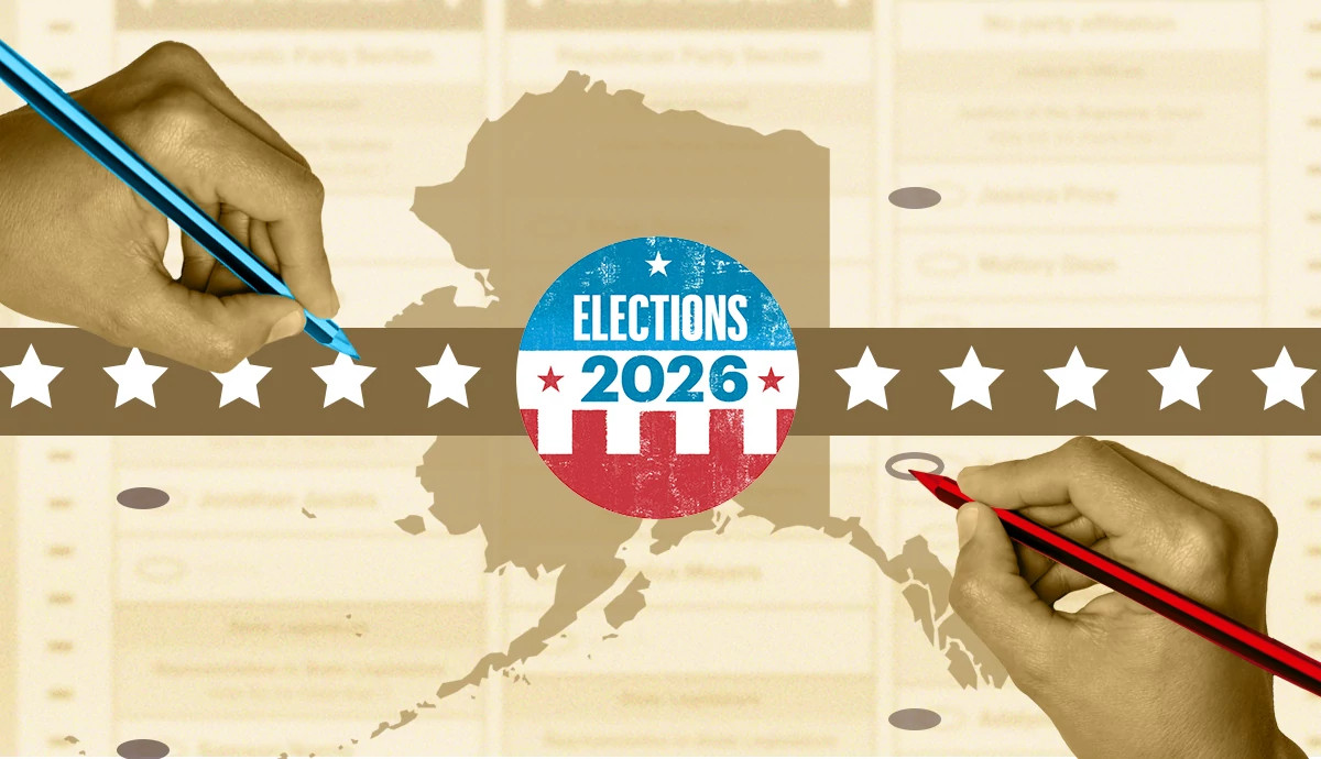 an outline of alaska with a hand holding a red pencil and a hand holding a blue pencil