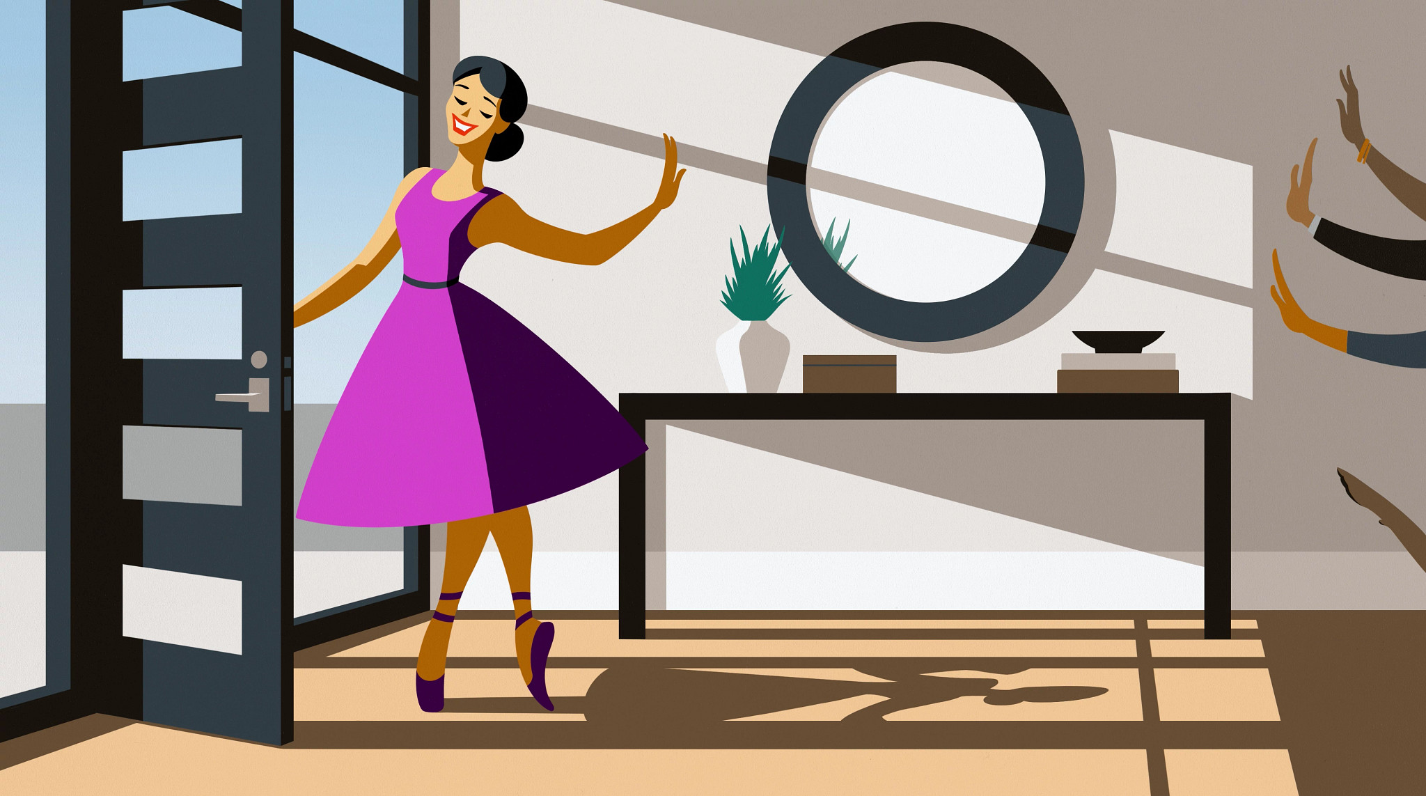 an illustration of a person smiling and striking a graceful ballet pose while exiting through a door