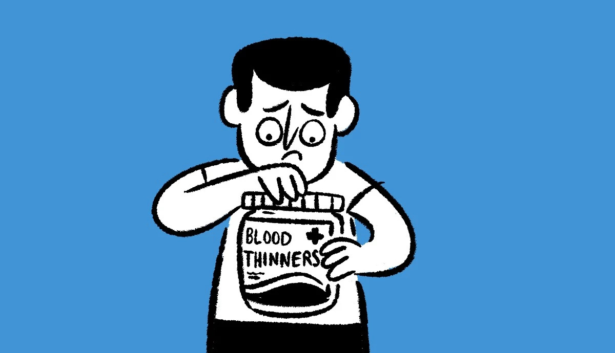 An illustration shows a man looking anxious as he opens a bottle labeled "Blood Thinners," representing the initial fear and uncertainty many people experience when prescribed these life-saving medications.