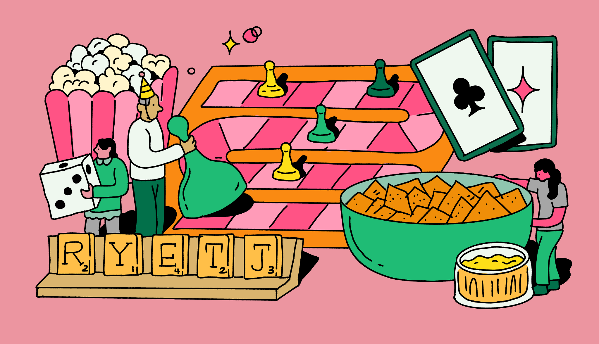 Great Ways to Mark a Milestone Birthday A graphic illustration combines different parts of a birthday party game-night sleepover. There is an older adult male moving a life-size piece from on a gameboard. Another person is carrying giant dice. There is a giant box of popcorn on the left, a giant bowl of cheez-its on the right. Two giants playing cards are top right.