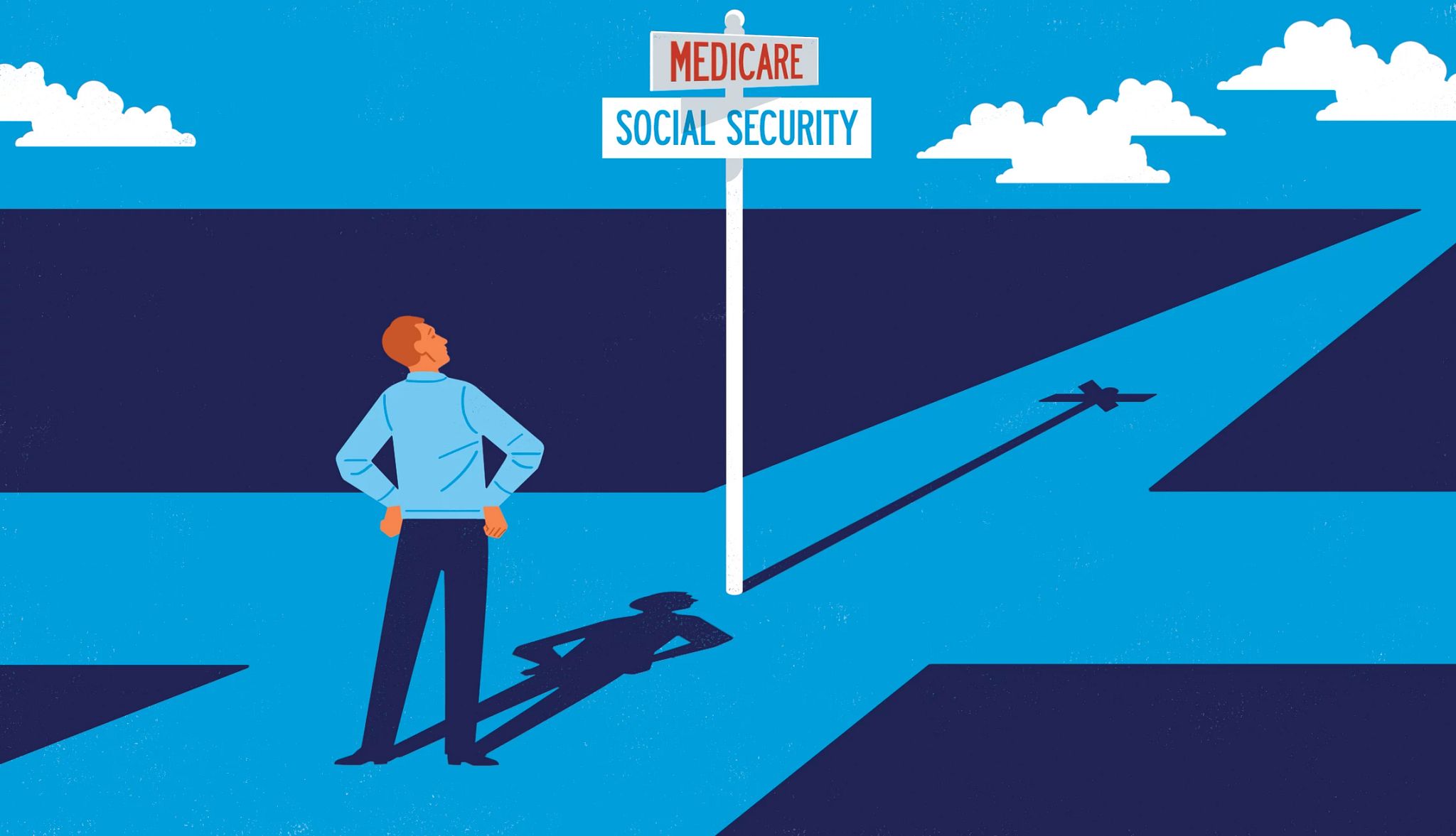 How Social Security and Medicare Work Together a man looks up at a crossroads sign that says social security and medicare