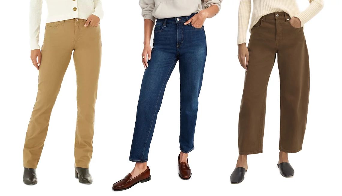 Update your jean colors and washes Lee Women’s Legendary Straight Jeans in Tigers Eye; Old Navy Women High-Waisted OG Loose Jeans in Dark Wash; Everlane’s The Way-High Curve Jean in Cocoa