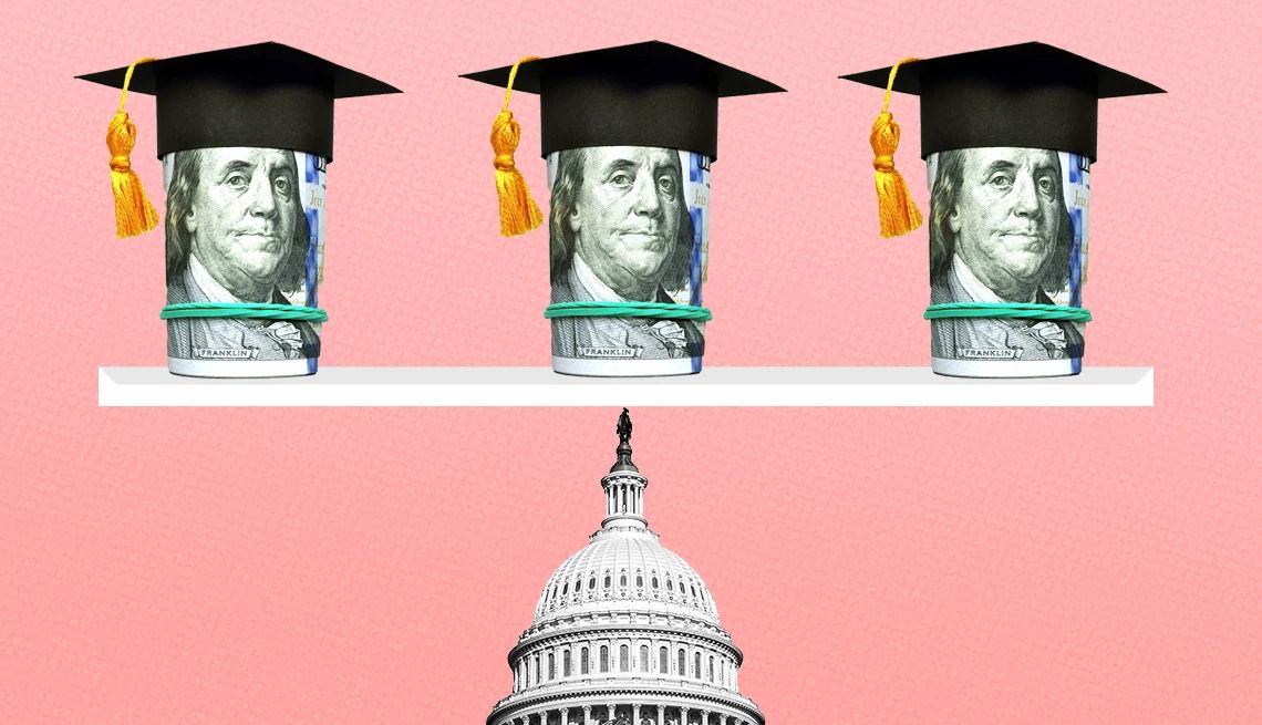 Opciones de pago de préstamos estudiantiles billetes de cien dólares con birretes de graduación balanceándose sobre el edificio del capitolio
