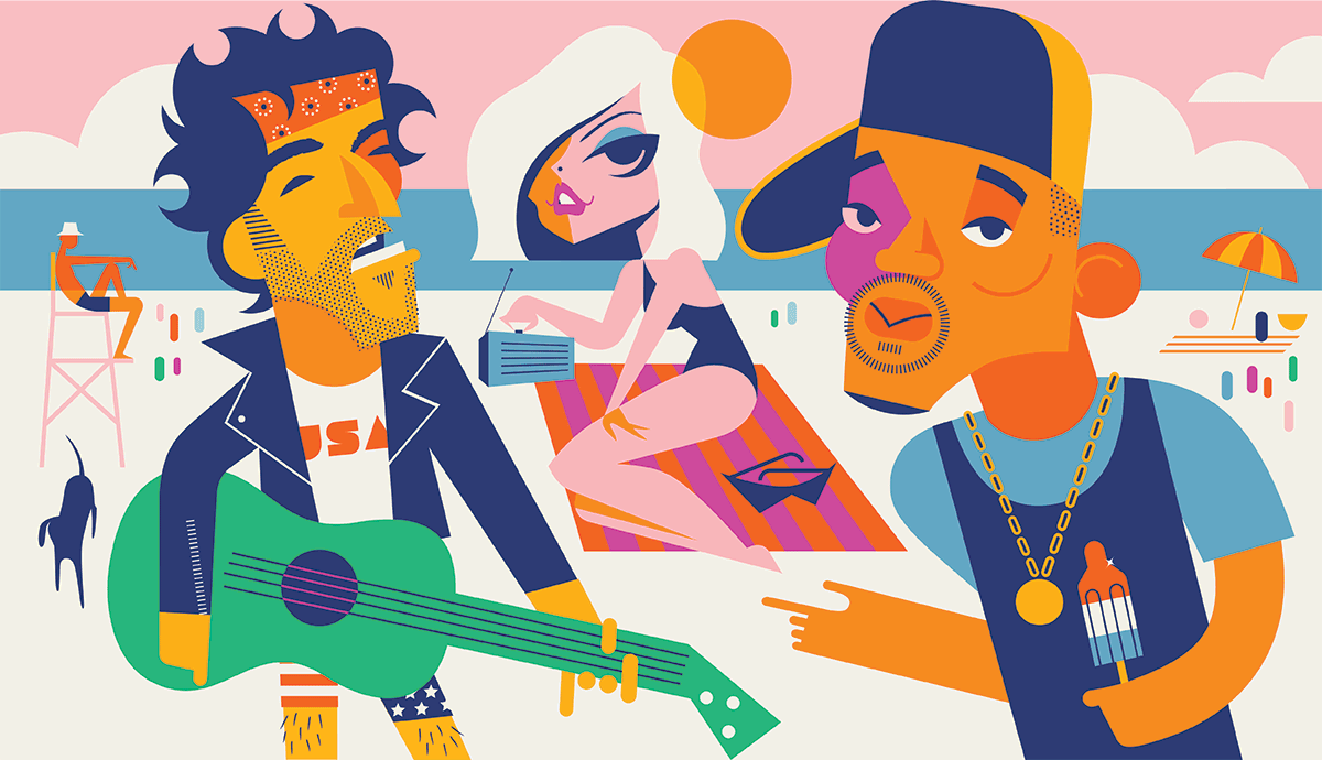 an animated illustration shows bruce springsteen, debbie harry and will smith dancing at a beach party