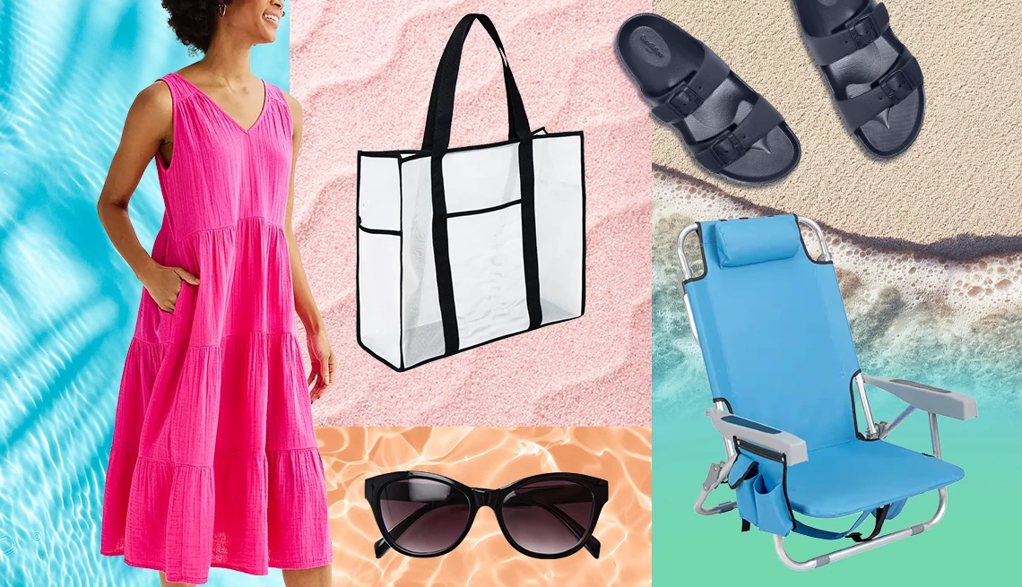 A collage of a woman wearing a pink dress, a beach bag, sandals, sunglasses and a beach chair