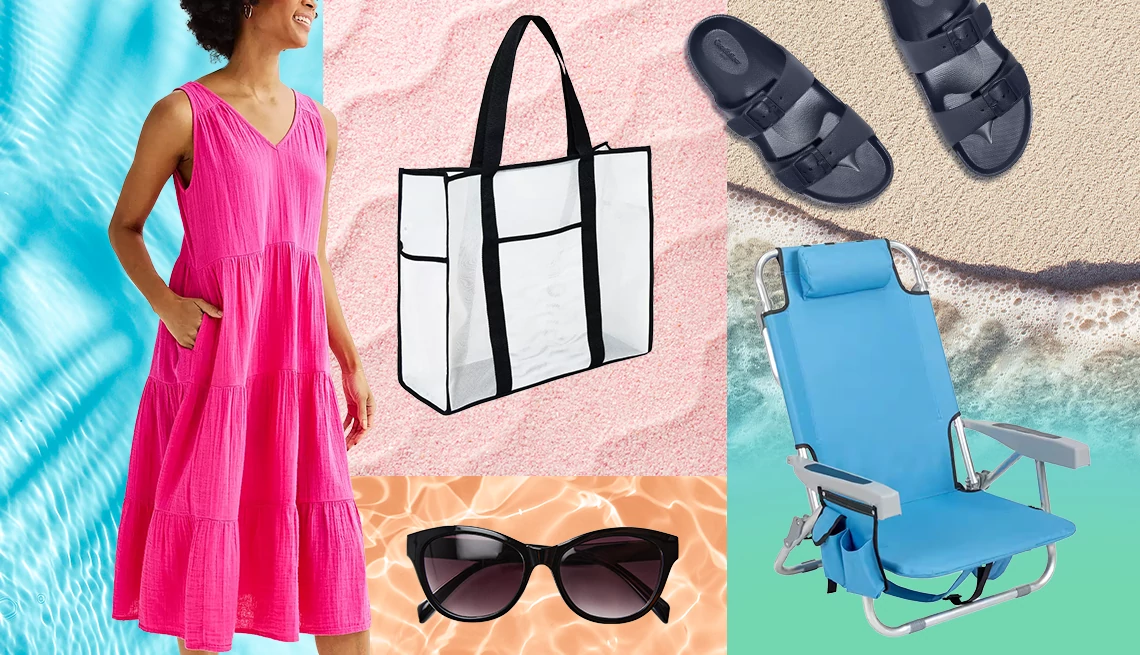 Beachgoers style guide A collage of a woman wearing a pink dress, a beach bag, sandals, sunglasses and a beach chair