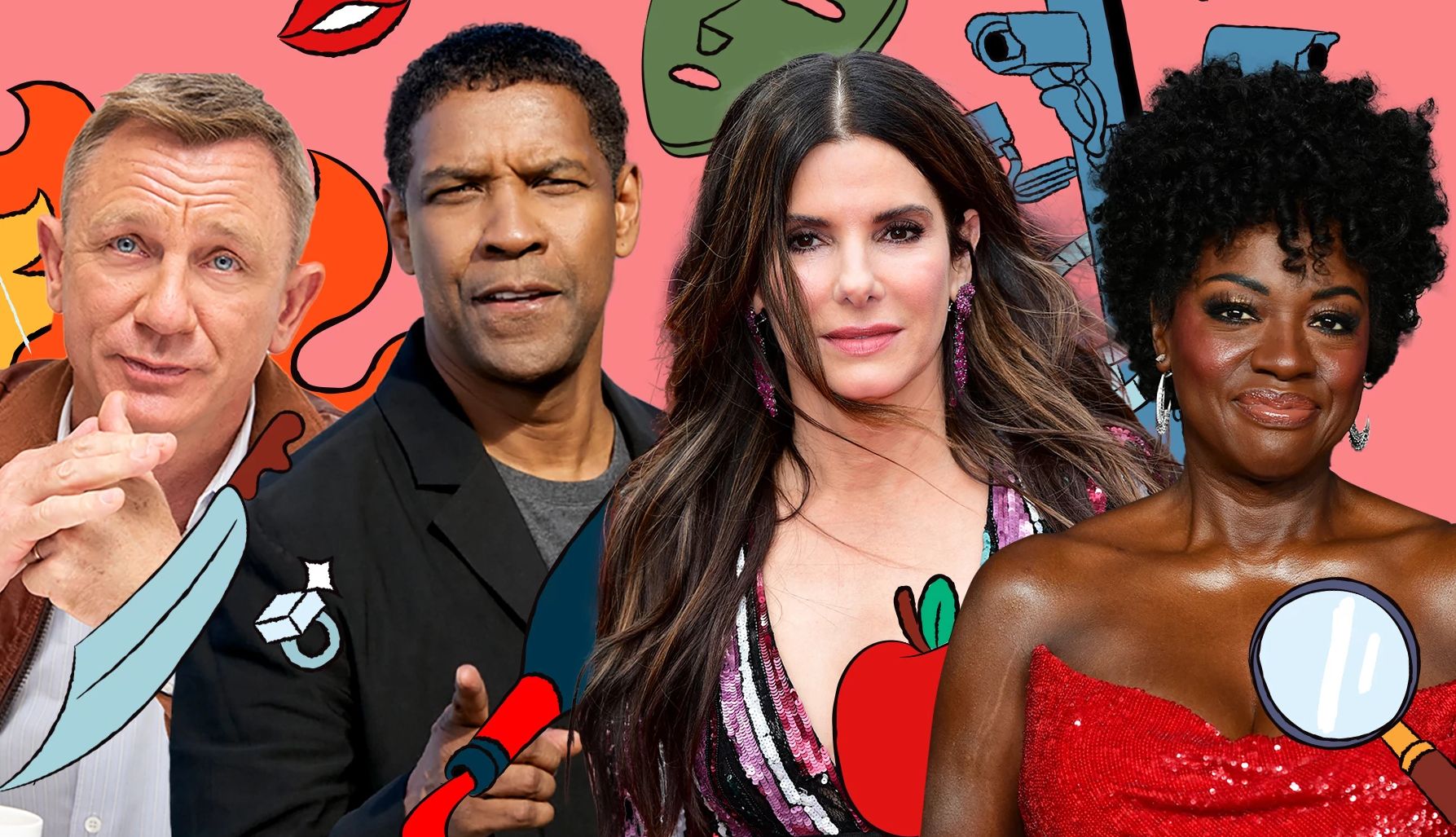 25 Great Movies Starring Actors Over 50 a collage with actors daniel craig, denzel washington, sandra bullock and viola davis