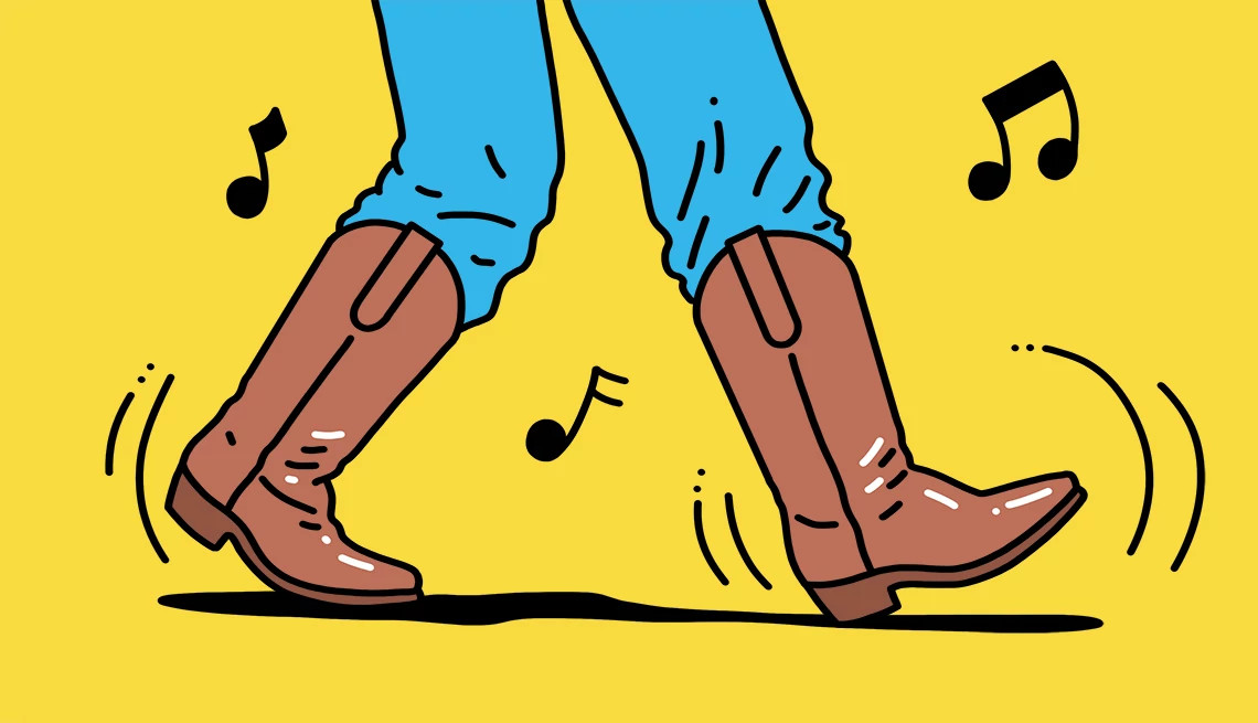 Illustrations of bottom half of person's legs, wearing boots, music notes around legs and feet