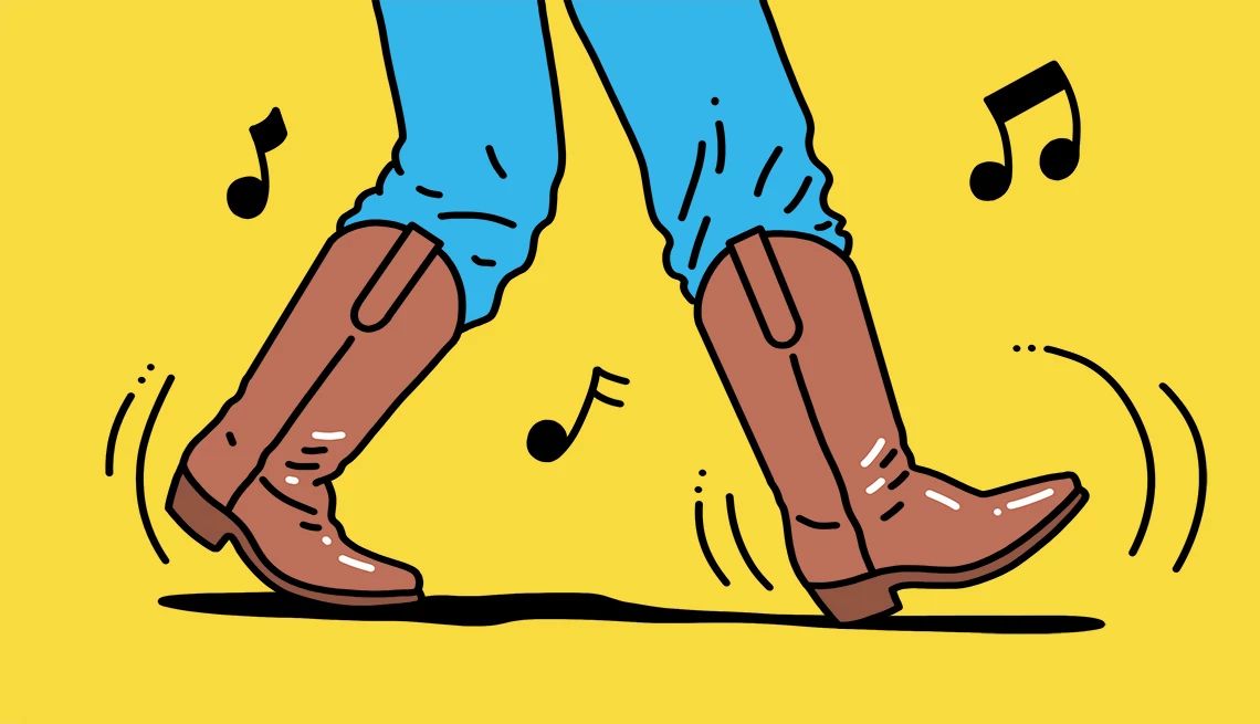 Step up to line dancing Illustrations of bottom half of person's legs, wearing boots, music notes around legs and feet