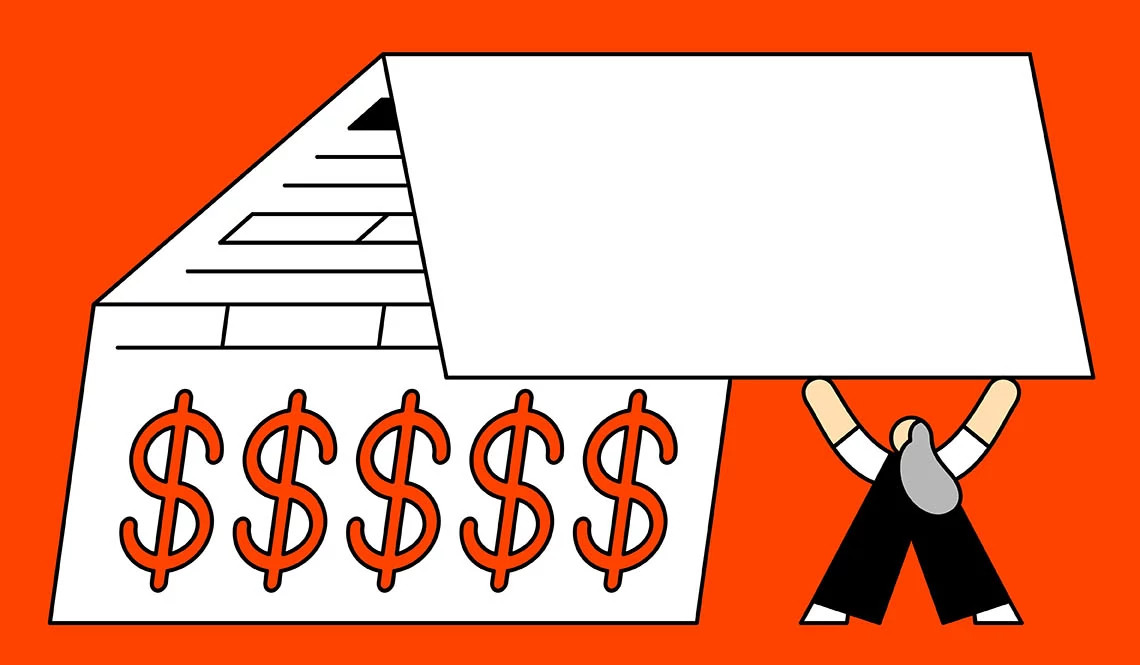 hombres sosteniendo billetes con la etiqueta “impuestos”