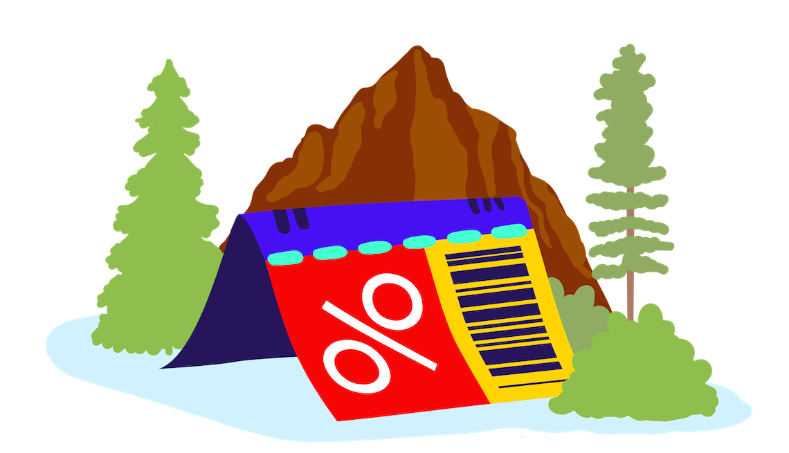 national park savings illustration of a mountain with a discount booklet in front of it