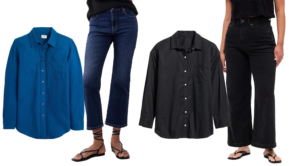 people modeling dark wash jeans and button-down shirts